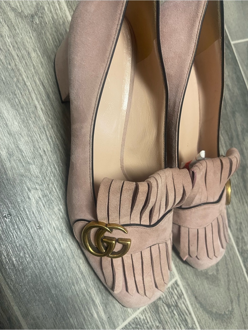 Gucci Pink Suede Fringe Loafers with Gold GG - Picture 12 of 16